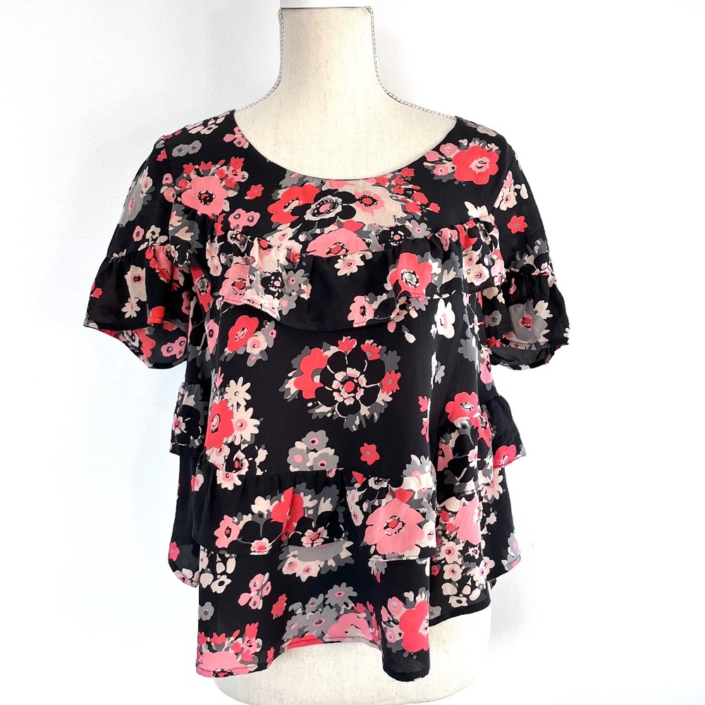 Joie Silk Black Pink Floral Short Sleeve Blouse